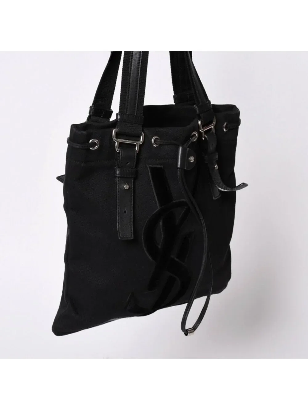 Saint Laurent Kahala Handbag Canvas Leather Black Logo Embroidery